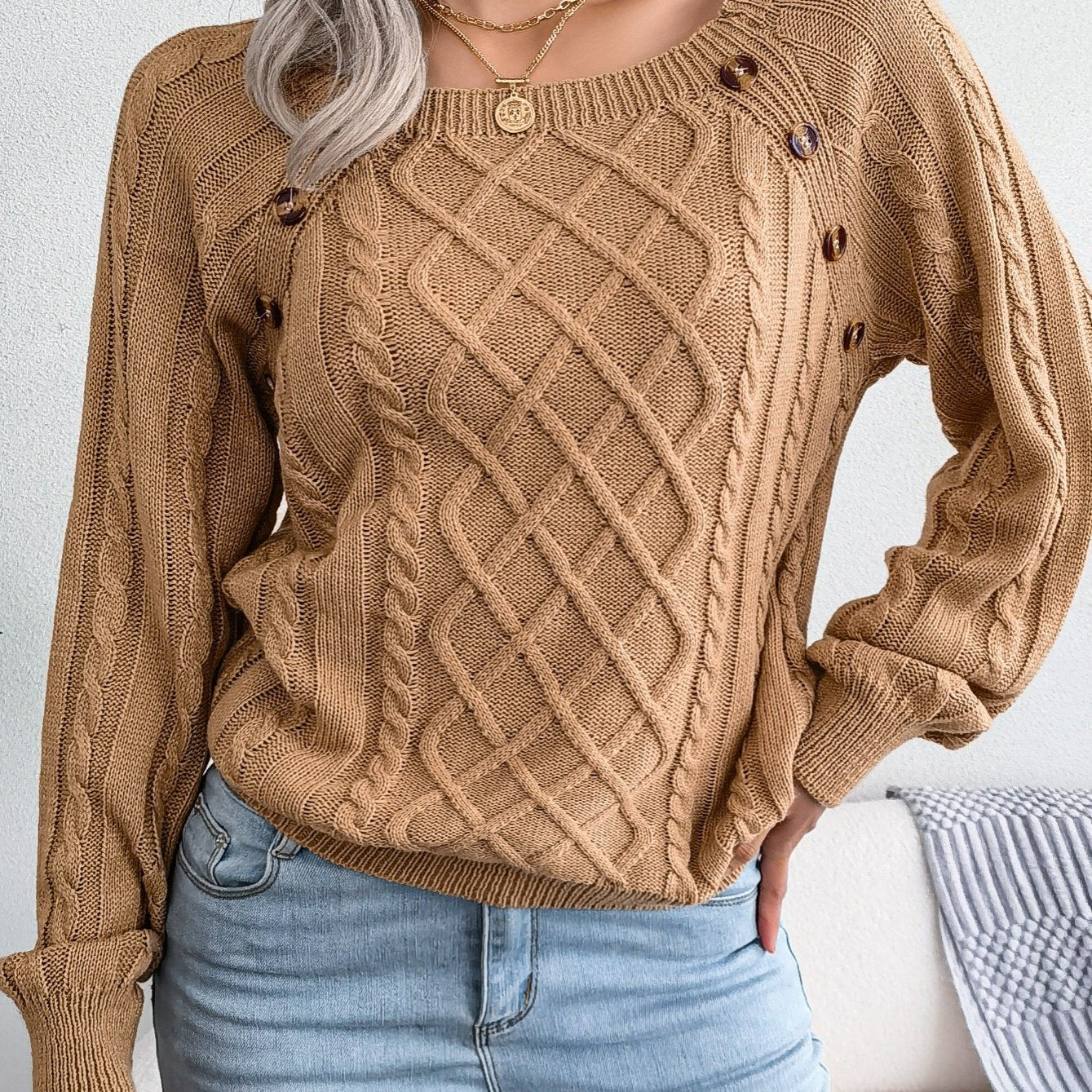 Textured Button Lantern Sleeve Sweater – Women’s Casual Knit