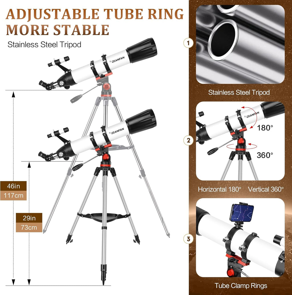 Telescope,90Mm Aperture 800Mm Telescopes for Adults Astronomy,Portable Professional Refractor Telescope for Beginners,With Stainless Tripod & Phone Adapter,Carry Bag