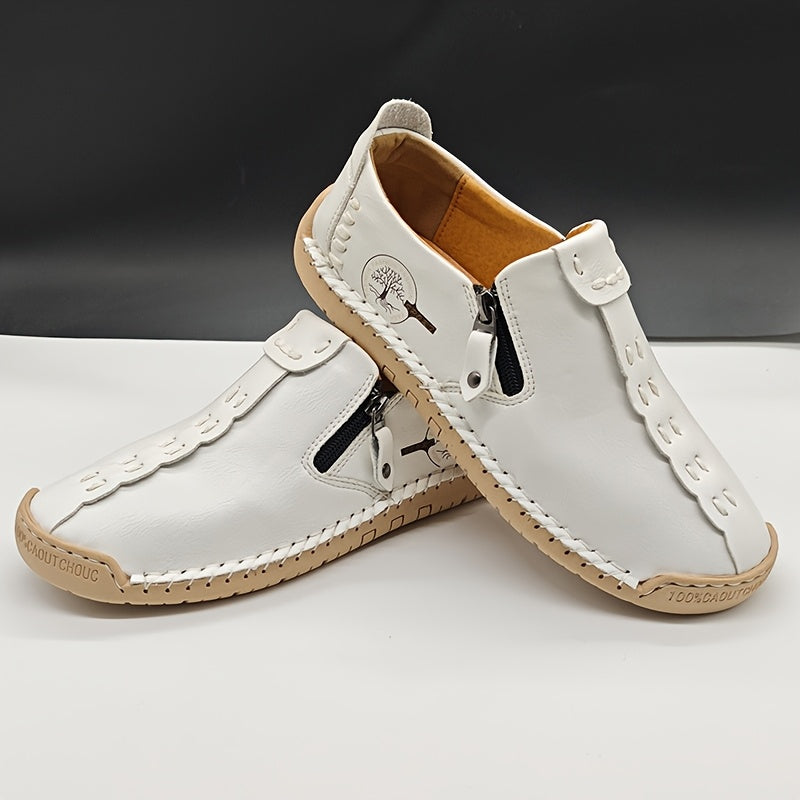 Men’s Vintage Zipper Loafers – Brown & Black Round-Toe Microfiber Dress-Casual Shoes