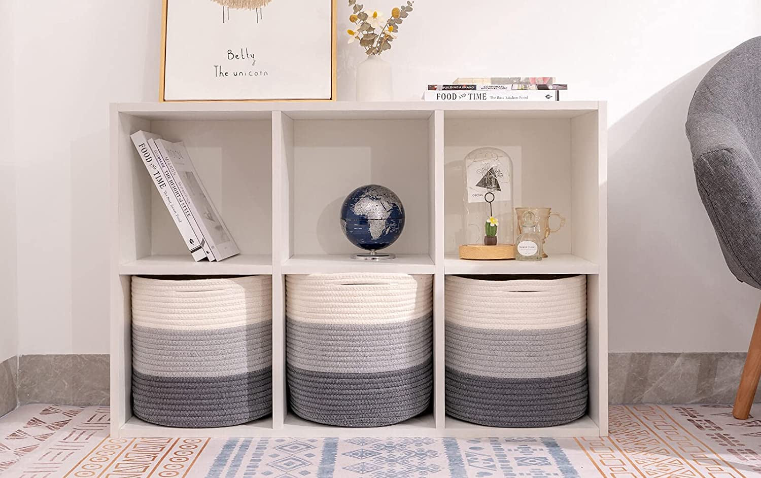 Woven Cotton Rope round 11X11X11'' Storage Cubes Baskets Bins Organizer, 3-Tone Gray, 3-Pack