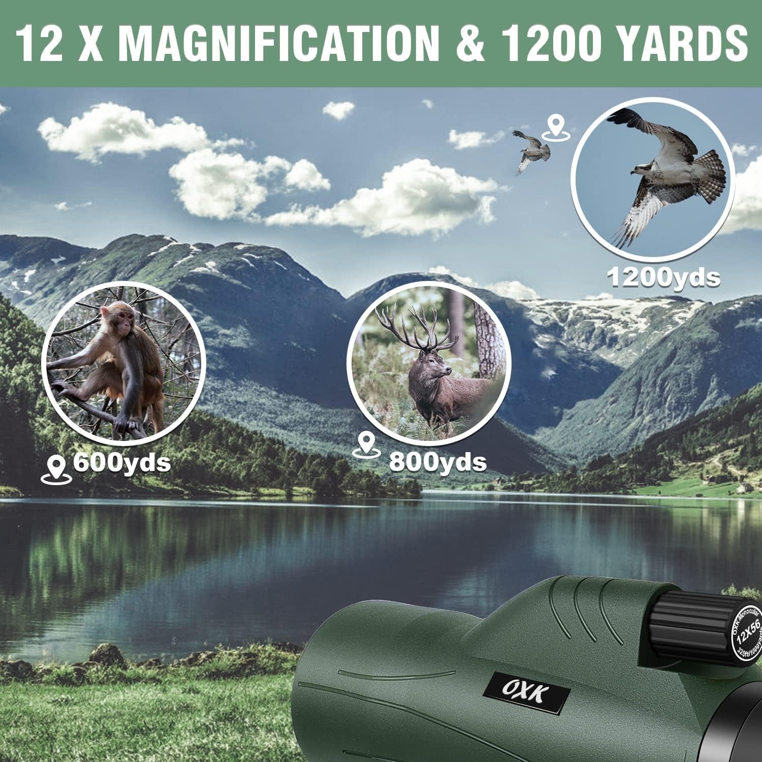 12X56 High Power Monocular Telescope for Adults | Comes with Smartphone Adapter Tripod Travel Bag | Bird Watching Hunting Hiking Camping Gift - Green