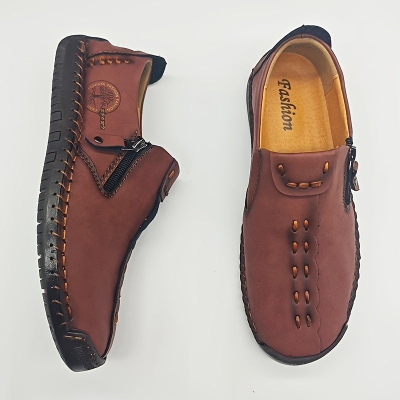 Men’s Vintage Zipper Loafers – Brown & Black Round-Toe Microfiber Dress-Casual Shoes