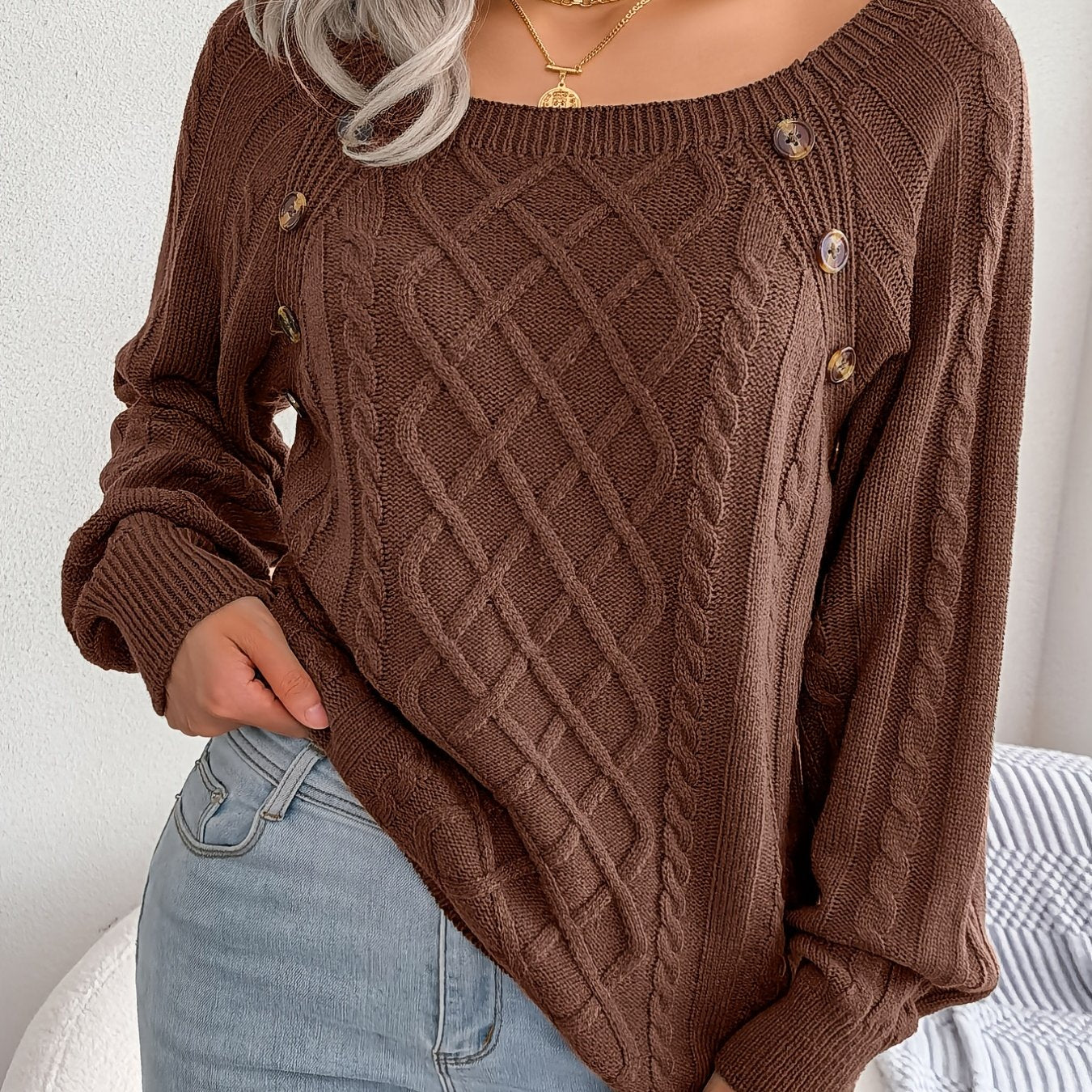 Textured Button Lantern Sleeve Sweater – Women’s Casual Knit