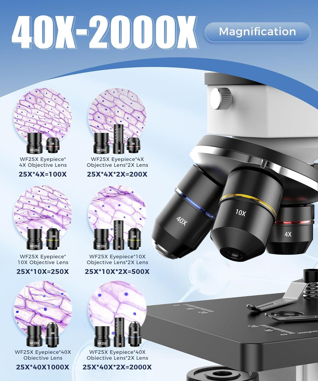 Compound Microscope for Adults & Kids - 100X-2000X High-Power Biological Microscope for Students, School Lab & Home Education, with Slides Set & Phone Adapter (White)