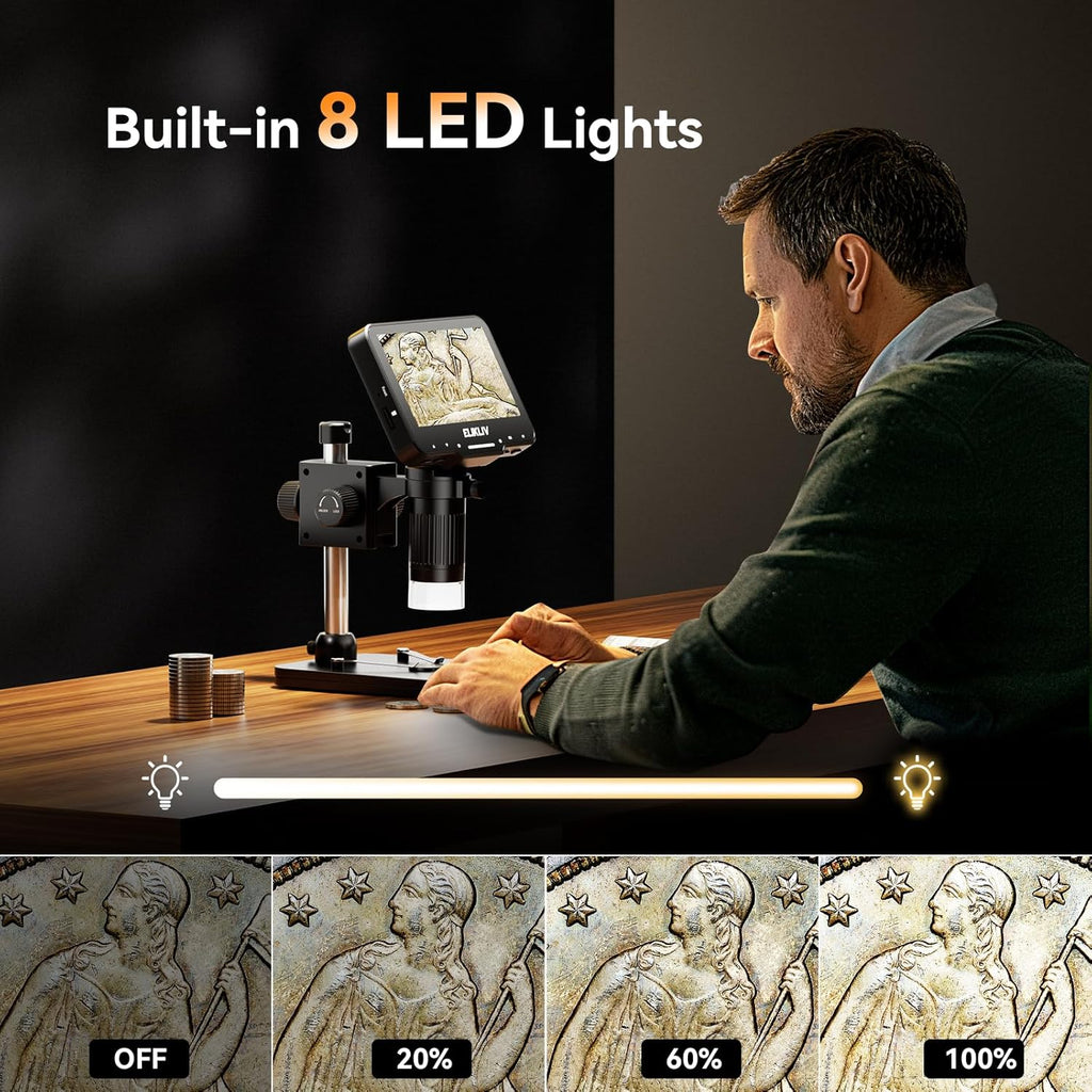 Coin Microscope for Adults: 4.3'' LCD Digital Microscope 1000X with 8 Adjustable LED Lights, PC View Compatible with Windows/Macbook, EDM4 Max