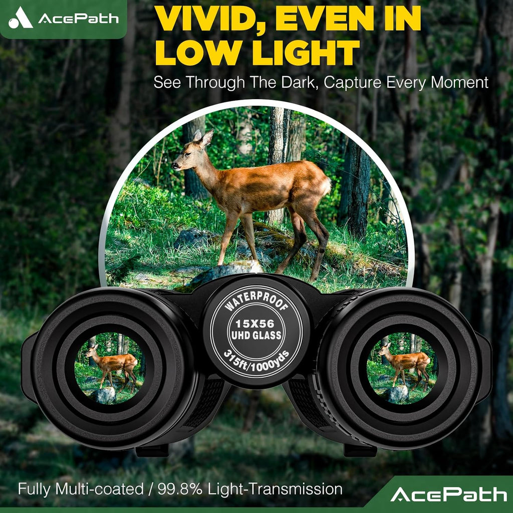 15X56 Binoculars for Adults High Powered - Large View Waterproof Binoculars with Clear Low Light Vision - Compact Binocular Essentials for Hunting Camping Cruise Travel Bird Watching Sports