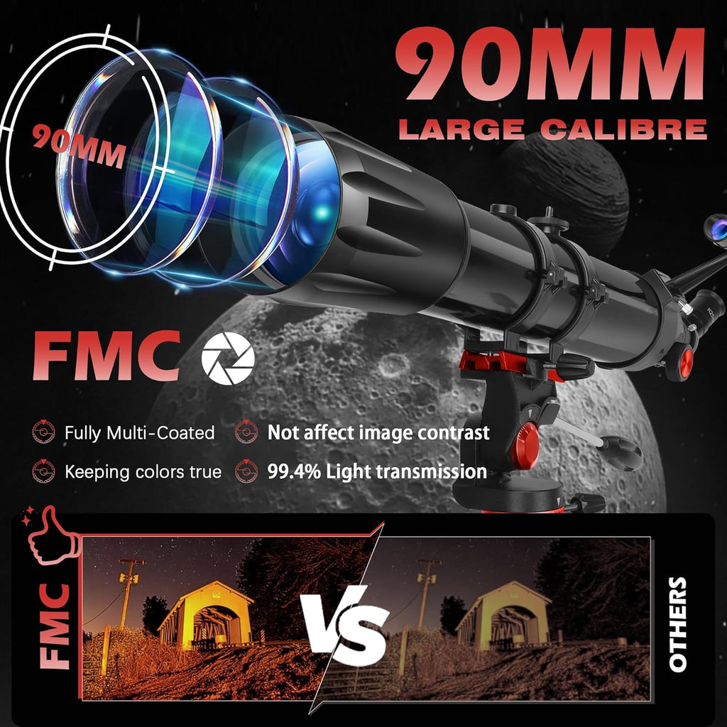 Telescope,Telescope for Adults High Powered, 90Mm Aperture 900Mm Professional Refractor Telescopes for Kids & Beginners, Magnification 450X,For Planet Observation with Stainless Tripod & Phone Adapter