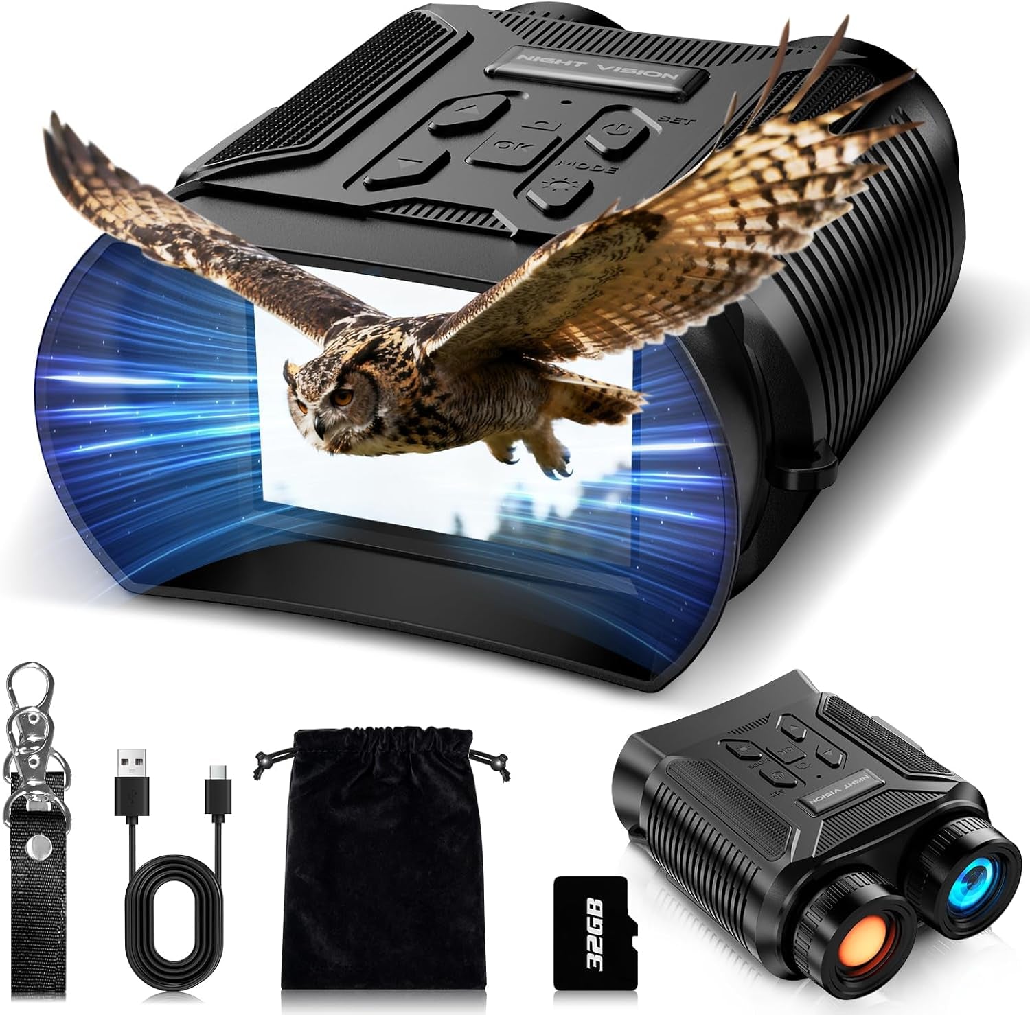 Night Vision Goggles - 5W Upgraded 4K HD IR Binoculars - 8X Digital Zoom, Rechargeable Binoculars with Camera Built In, 32GB Card to save Photos and Videos, Flashlight (Black)