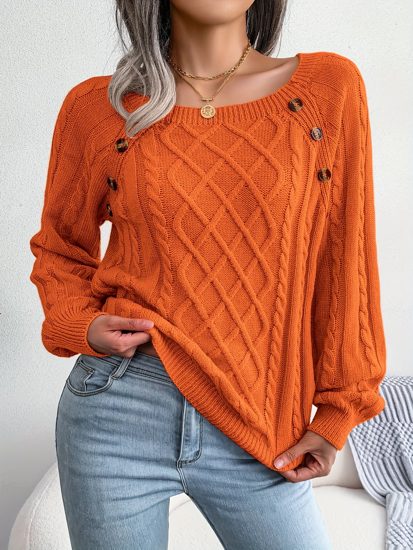 Textured Button Lantern Sleeve Sweater – Women’s Casual Knit