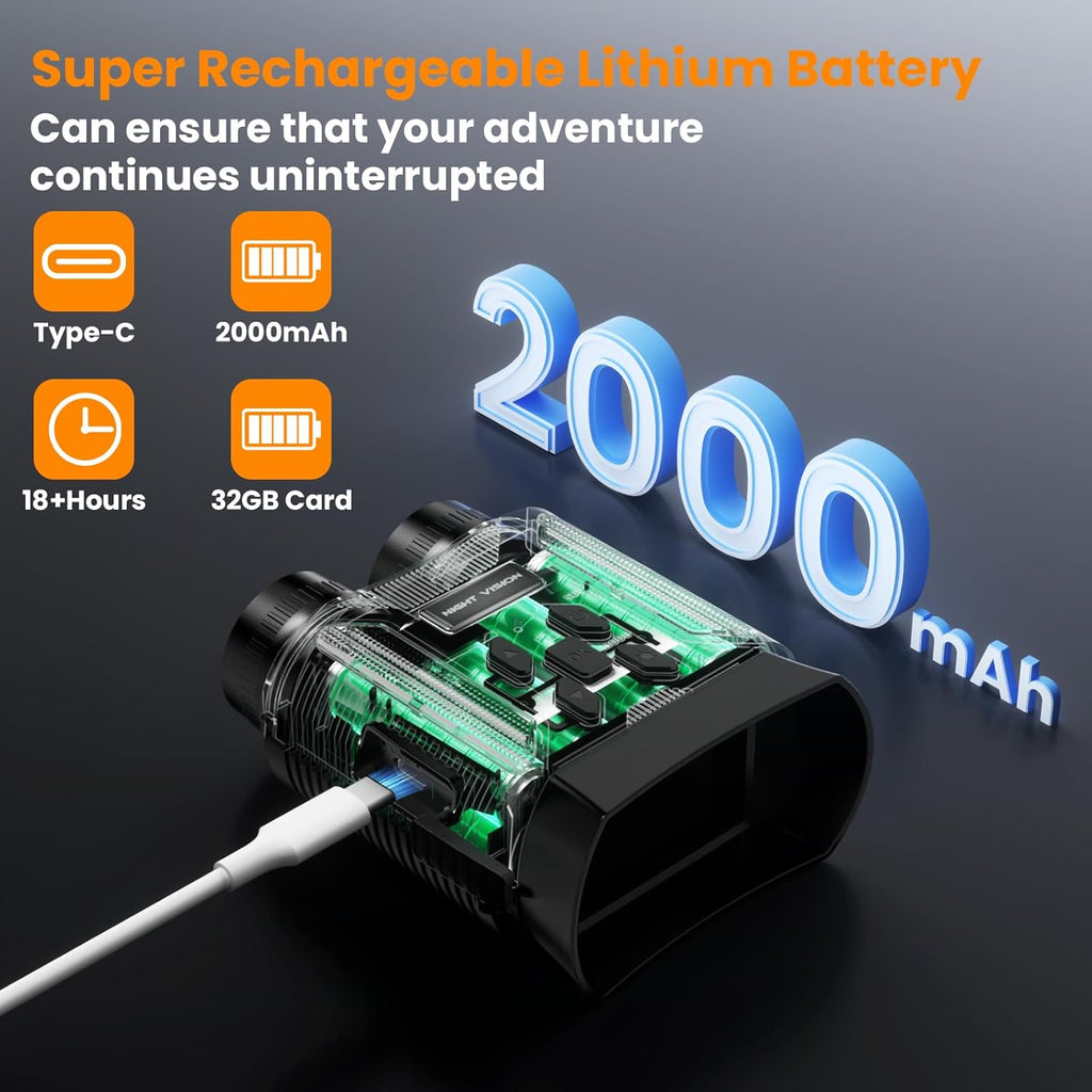 Night Vision Goggles - 5W Upgraded 4K HD IR Binoculars - 8X Digital Zoom, Rechargeable Binoculars with Camera Built In, 32GB Card to save Photos and Videos, Flashlight (Black)