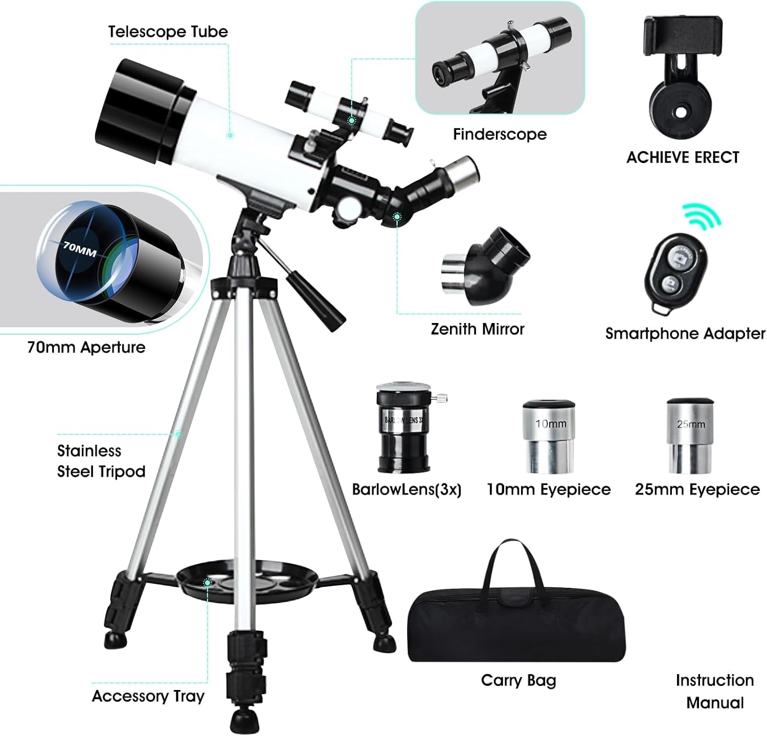 Telescope for Kids Adults Beginners,70Mm Aperture 400Mm Focal Length Telescopio for Astronomy, Multi Coated Travel Refractor Astronomical Telescopes