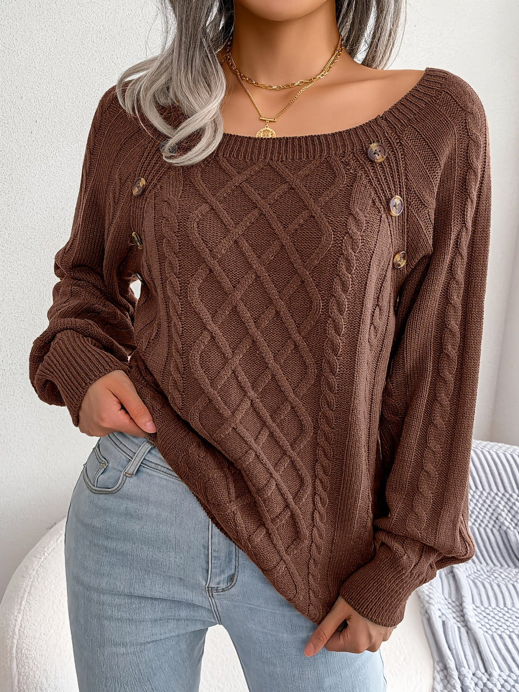 Textured Button Lantern Sleeve Sweater – Women’s Casual Knit