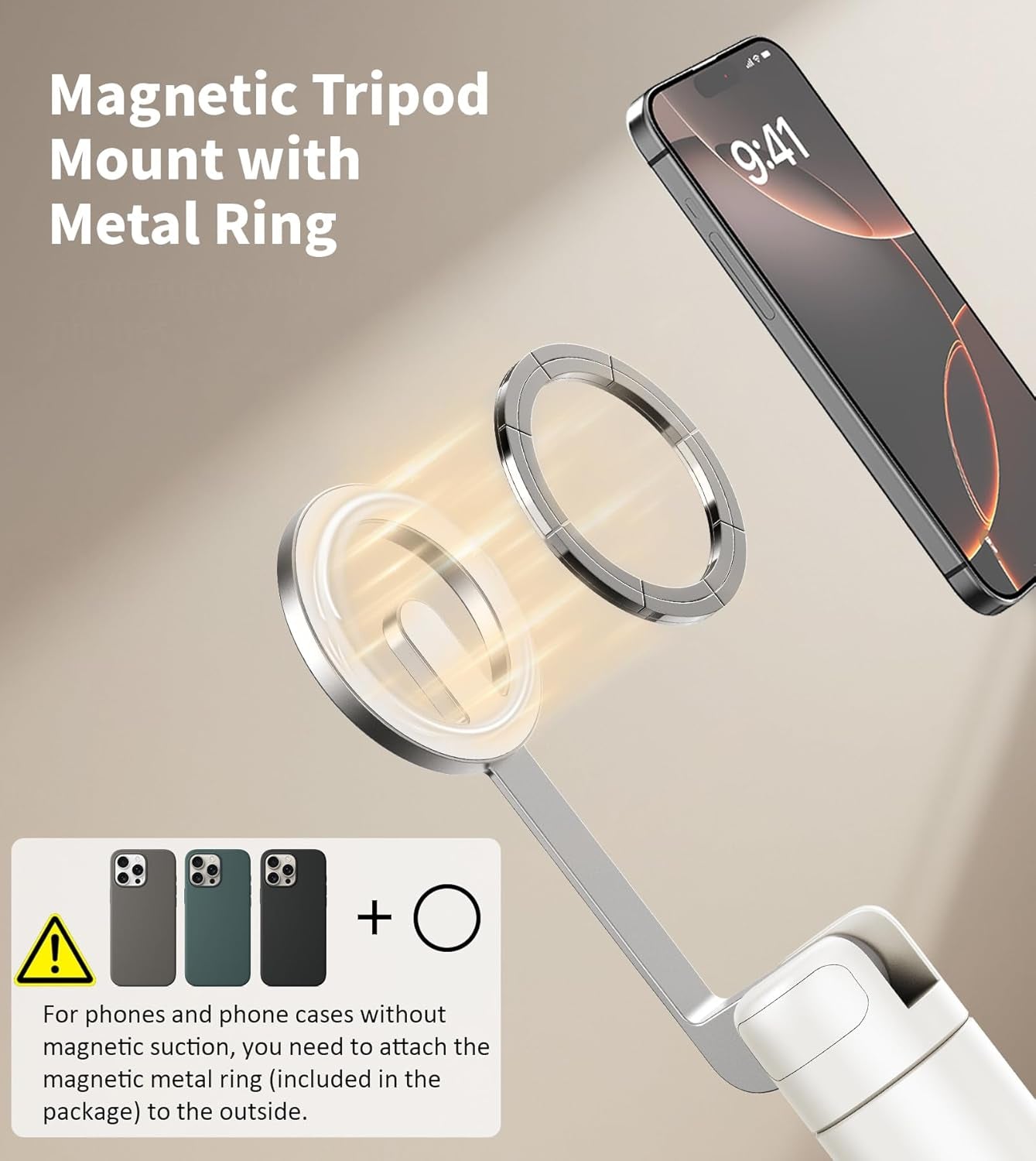 68" Magnetic Selfie Stick Tripod with Aluminum Strong Magnetic Holder for Magsafe, 360° Rotatable Travel Phone Tripod Stand with Metal Ring & Rechargeable Remote for Iphone/Android(Beige Gray)