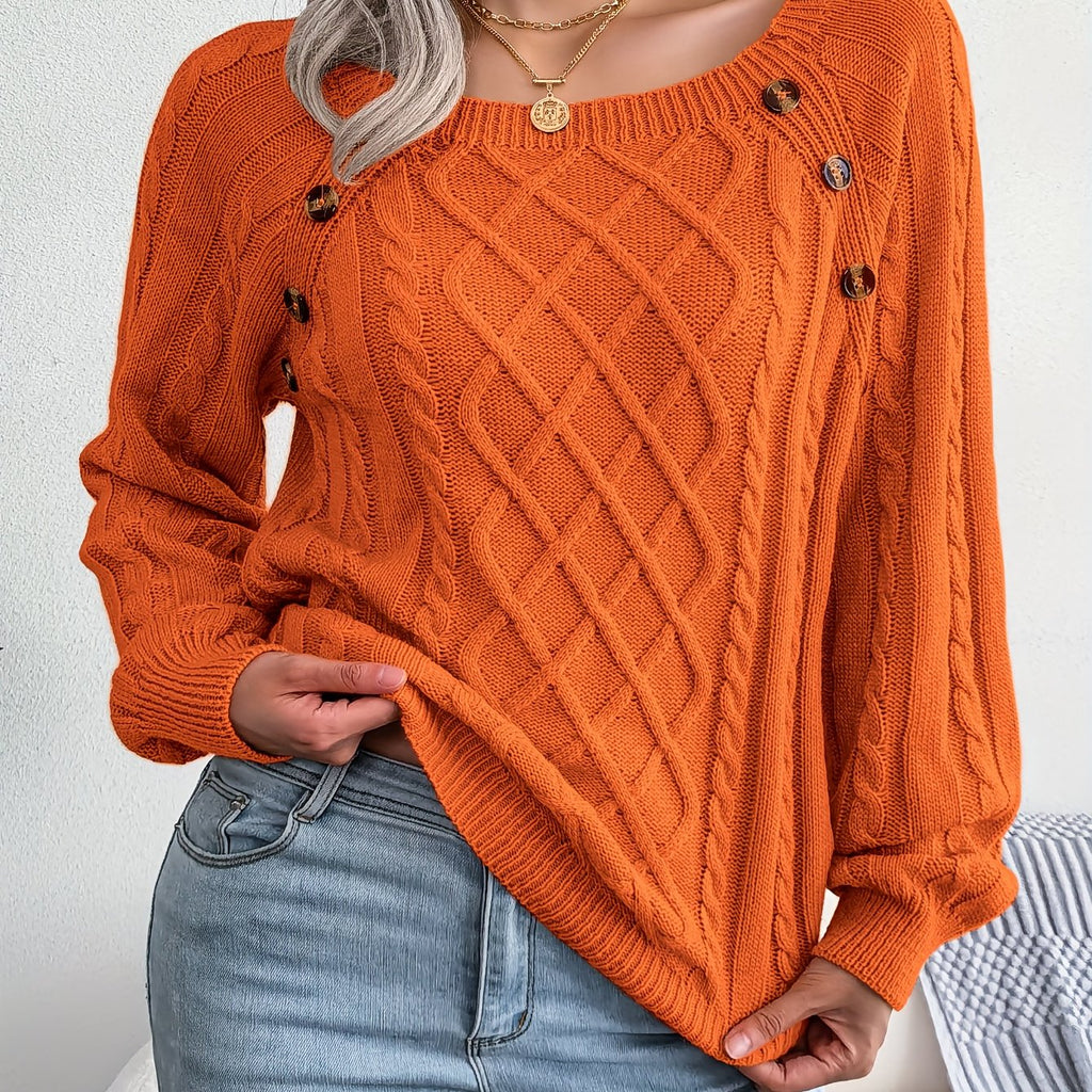 Textured Button Lantern Sleeve Sweater – Women’s Casual Knit