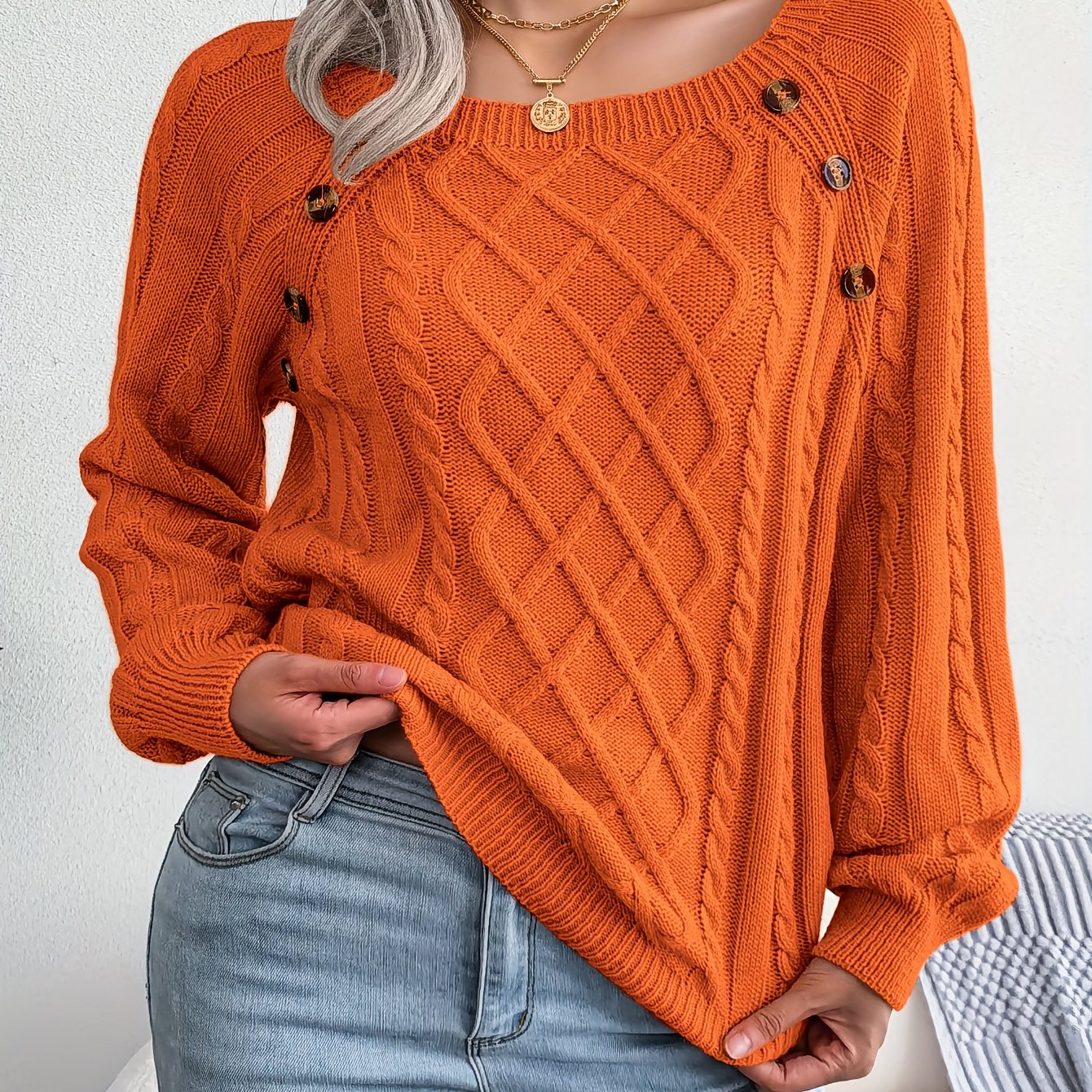 Textured Button Lantern Sleeve Sweater – Women’s Casual Knit