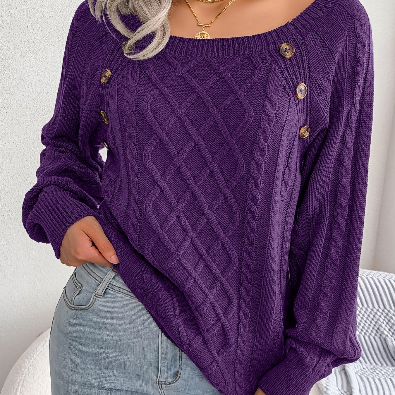 Textured Button Lantern Sleeve Sweater – Women’s Casual Knit