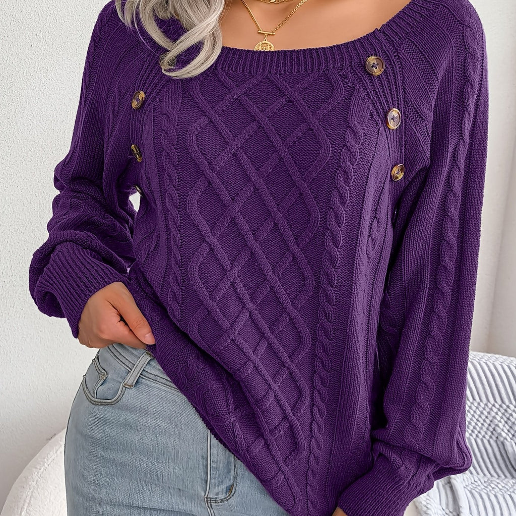 Textured Button Lantern Sleeve Sweater – Women’s Casual Knit