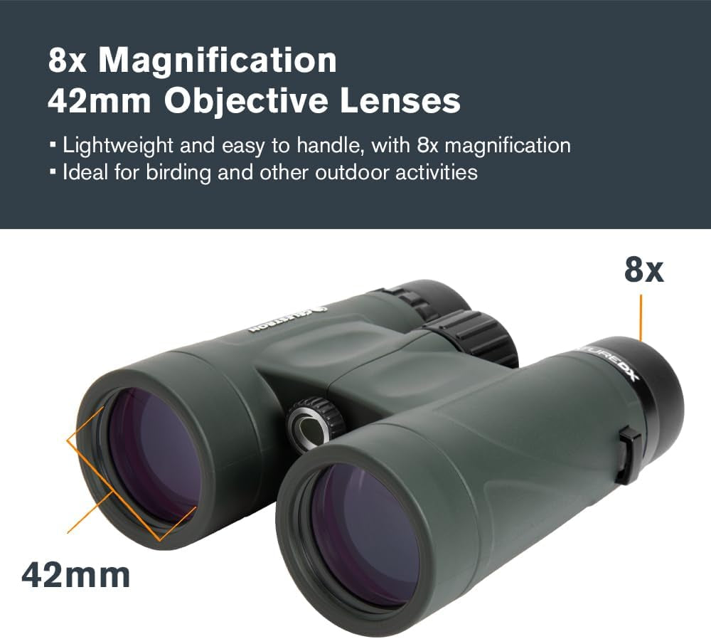 - Nature DX 8X42 Binoculars – Ideal for Birding and Outdoors – 42Mm Objective Lenses – Wide 7.4° Field of View – Bak-4 Prisms – Fully Multi-Coated – Waterproof and Fogproof