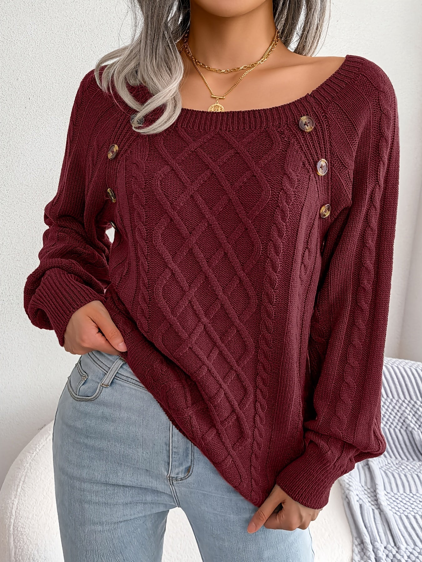 Textured Button Lantern Sleeve Sweater – Women’s Casual Knit