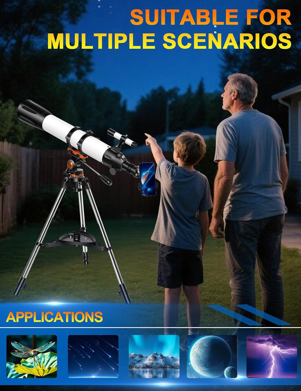 Telescope for Adults High Powered 90Mm Aperture 800Mm(32X-240X),Refractor Telescopes for Astronomy Beginners with AZ Mount Tripod,Phone Adapter,Carry Bag(80090White)