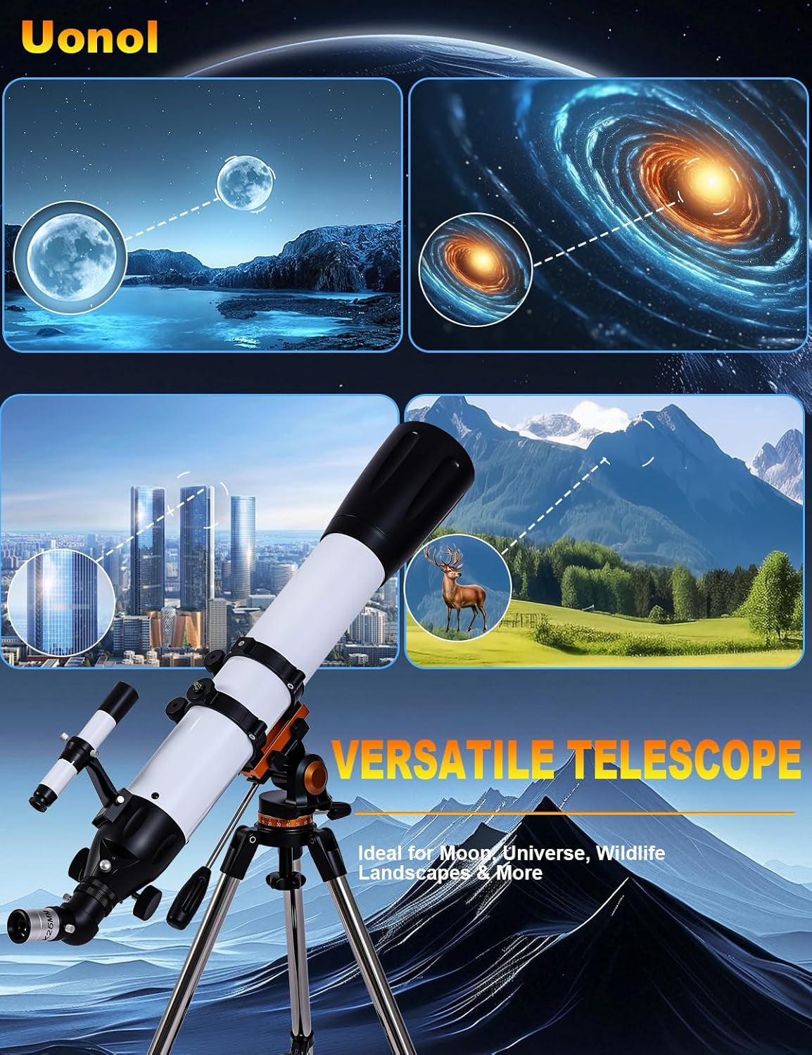 Telescope for Adults High Powered 90Mm Aperture 800Mm(32X-240X),Refractor Telescopes for Astronomy Beginners with AZ Mount Tripod,Phone Adapter,Carry Bag(80090White)