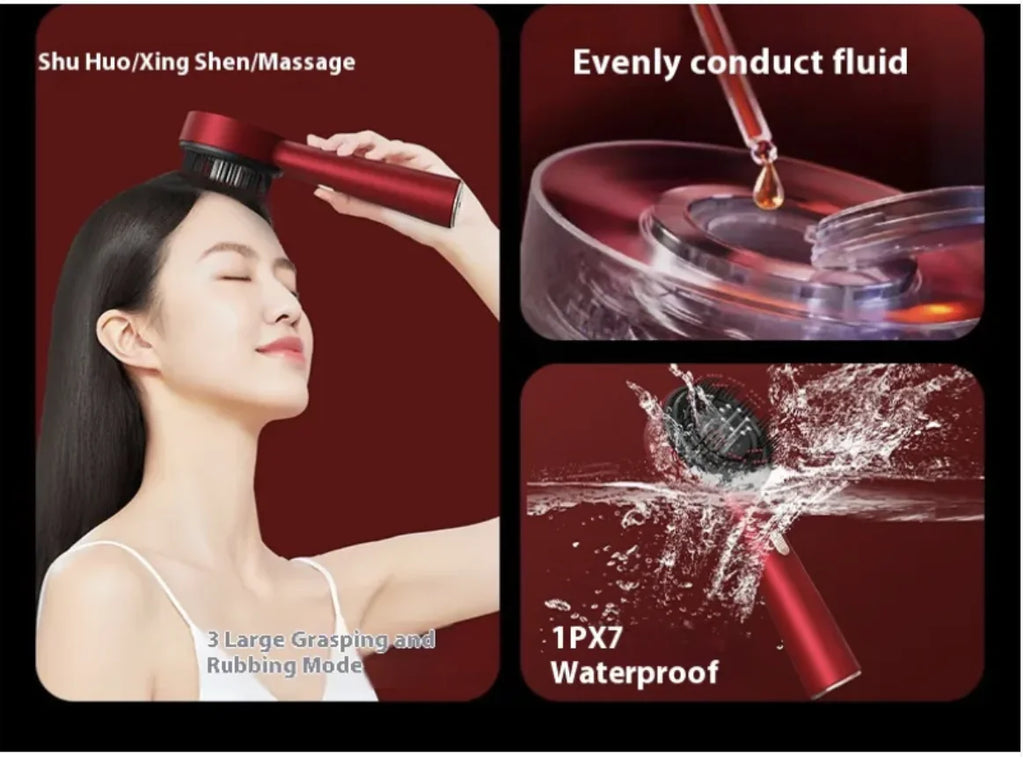 Electric Scalp Massager Comb with Serum/Oil Applicator – Red Light + Microcurrent Support, 8-Nozzle Even Dispersion, 72 Silicone Tips, IPX7 Head, USB-C, For Fuller-Looking Hair & Scalp Care